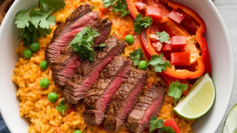creamy queso rice topped with juicy steak strips