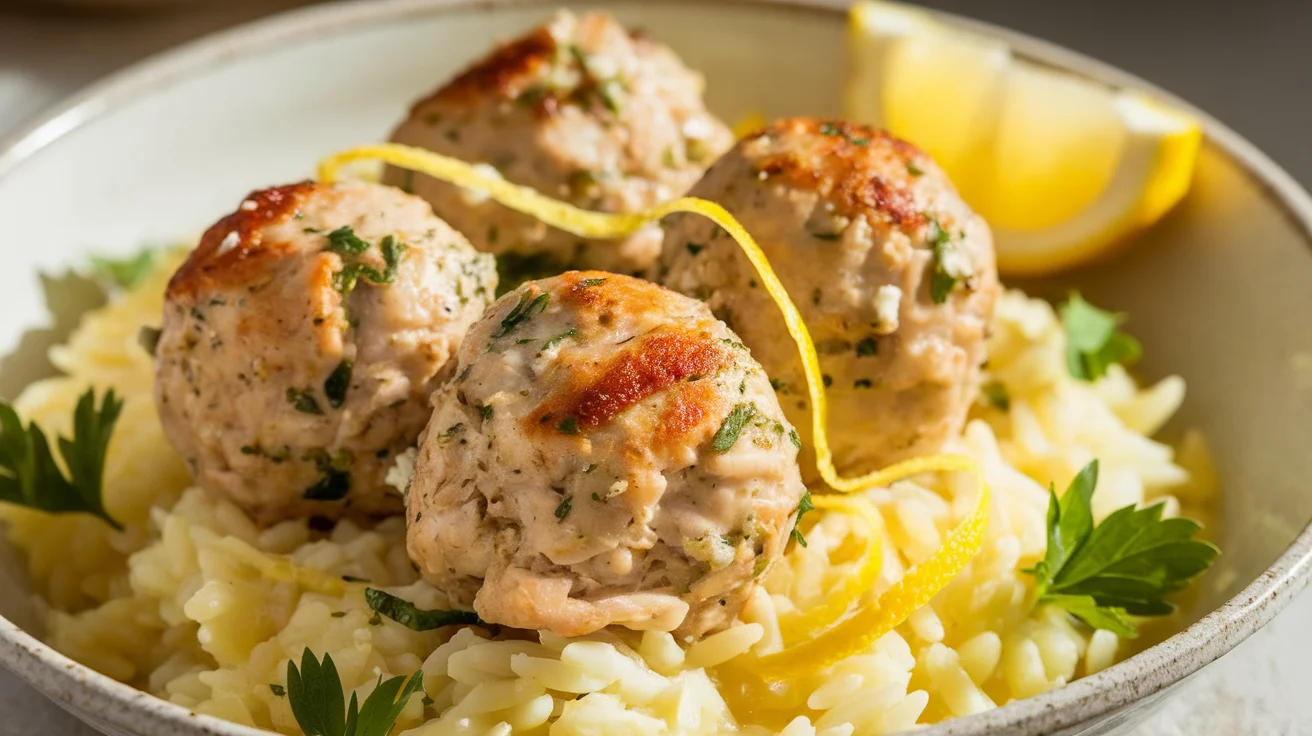 Savory Greek Chicken Meatballs with Zesty Lemon Orzo