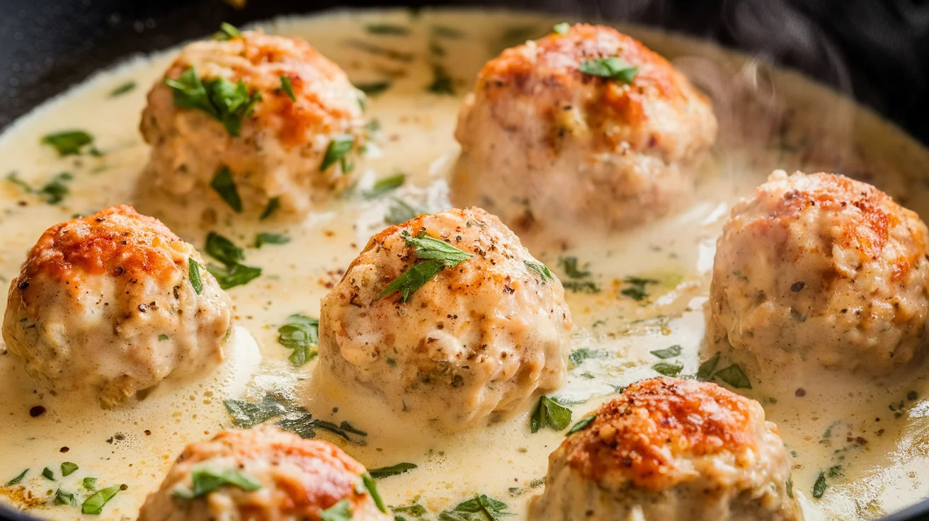 Garlic Parmesan Chicken Meatballs with a Creamy Skillet Sauce