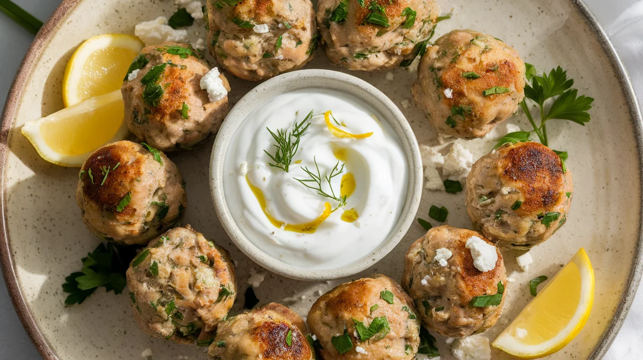 Healthy Greek Turkey Meatballs with Feta and Herb Yogurt Dip