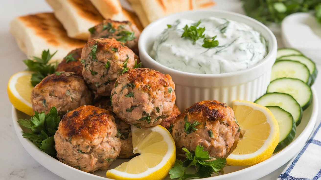 Lemon Garlic Greek Turkey Meatballs with Homemade Tzatziki