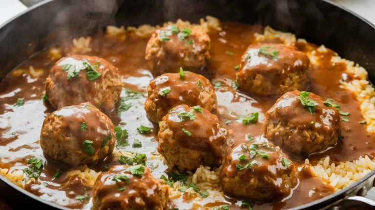 One-Pan Meatballs with Savory Rice and Gravy