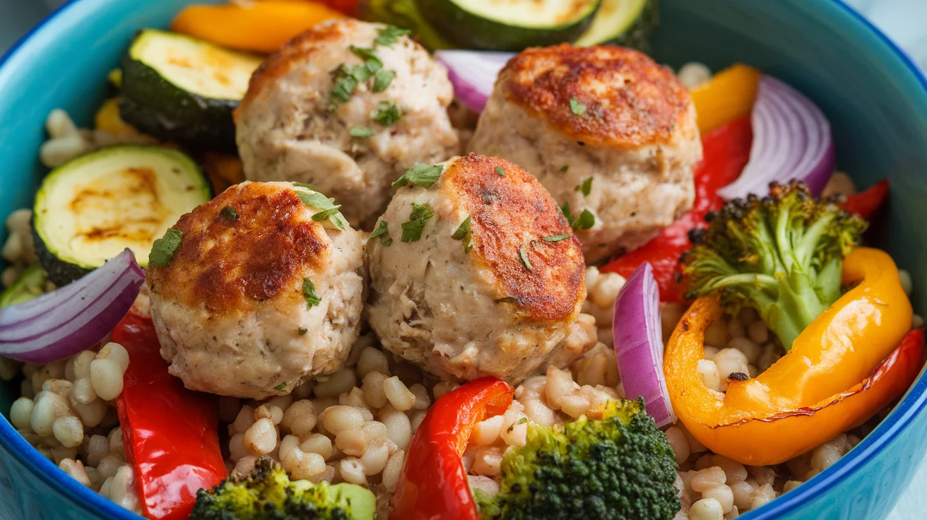 Oven-Baked Chicken Meatball Bowl with Roasted Veggies