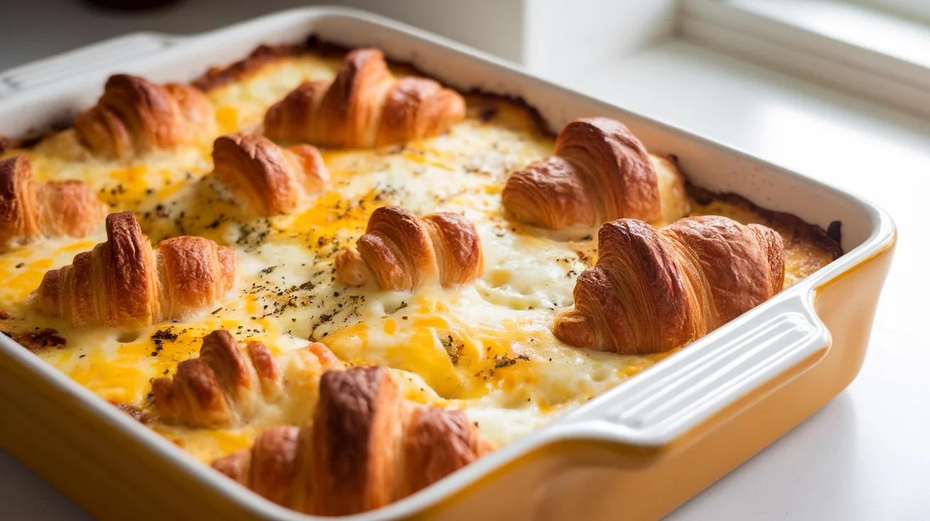 Overnight Croissant & Egg Breakfast Casserole with Cheese