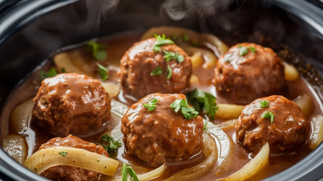 Slow Cooker Homestyle Meatballs in Rich Onion Gravy