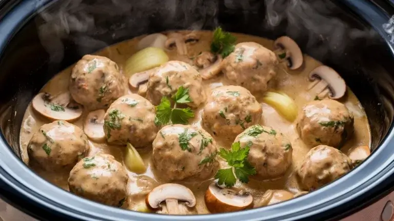 Slow Cooker Swedish Meatballs with Mushrooms and Sour Cream
