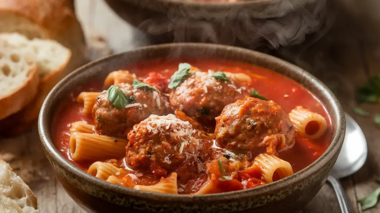 Cozy Rigatoni Meatball Stew with Tomato Broth