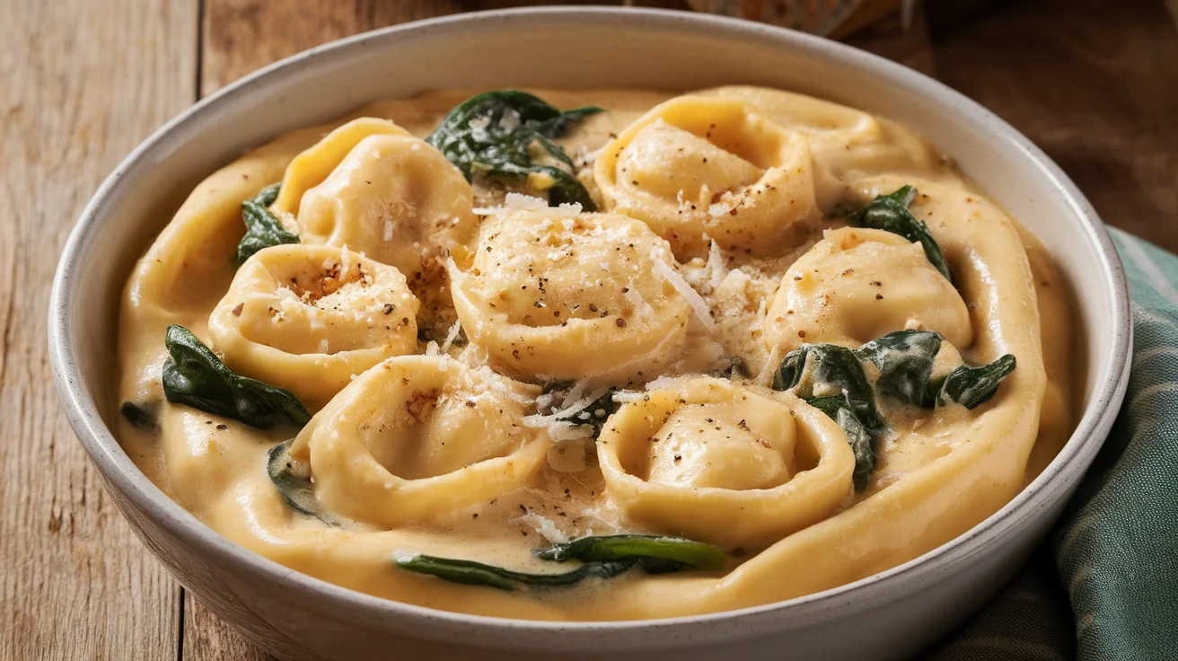 Creamy Slow Cooker Tortellini with Spinach and Parmesan