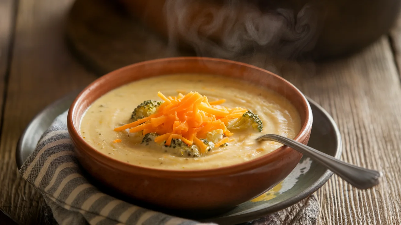 Slow Cooker Creamy Broccoli Cheese Soup with Extra Cheddar