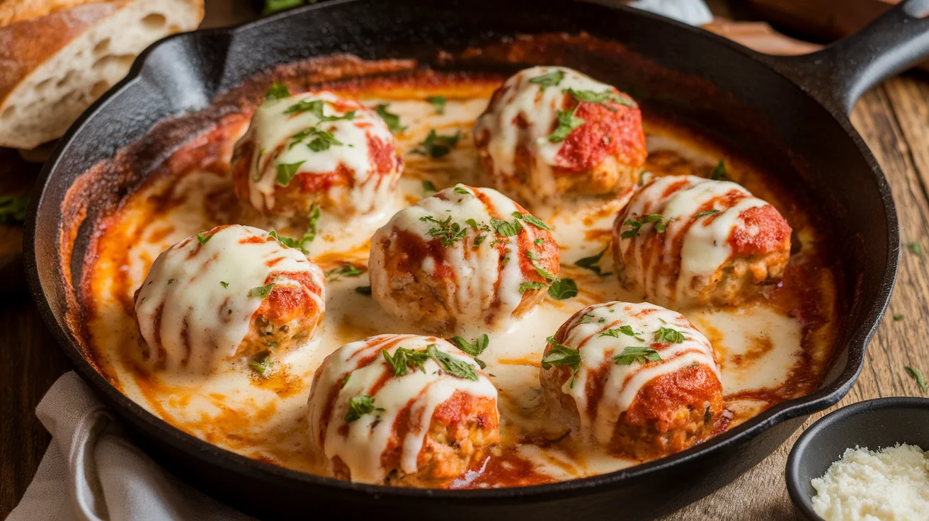 Creamy Garlic Chicken Parmesan Meatballs with Mozzarella