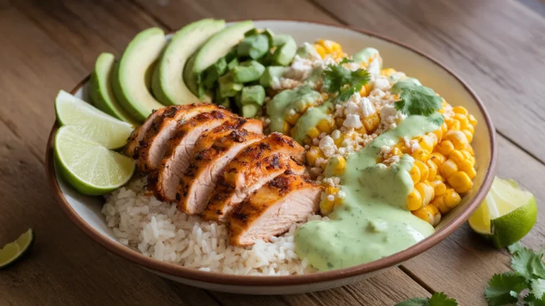 Creamy Street Corn Chicken Rice Bowl with Cilantro Lime Drizzle