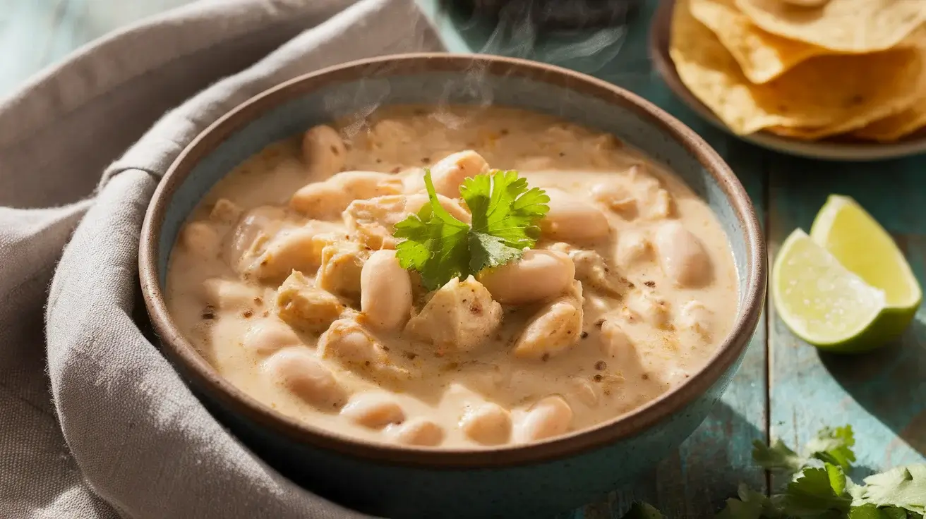 Creamy White Bean Chicken Chili with Garlic and Lime