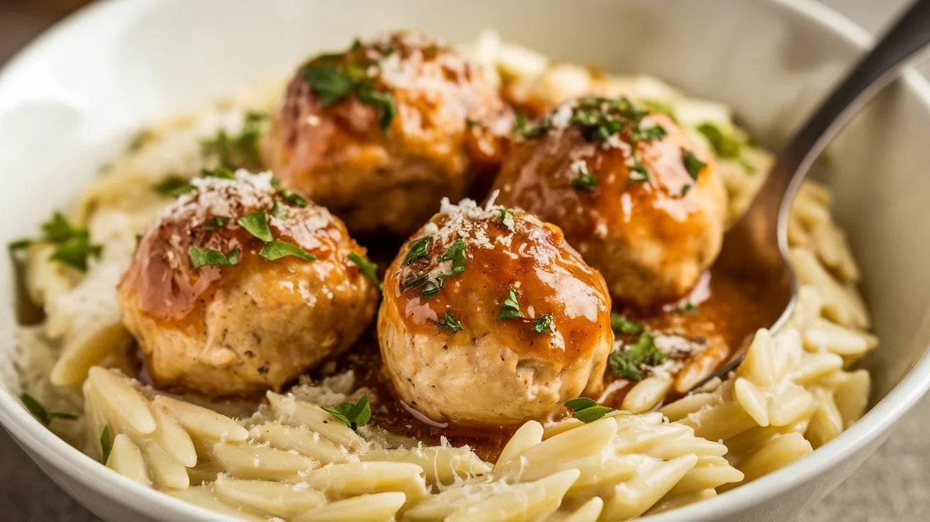 Garlic Butter Chicken Meatballs with Parmesan Orzo