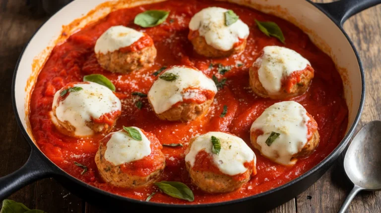 One-Pan Chicken Parmesan Meatballs in Rich Tomato Basil Sauce