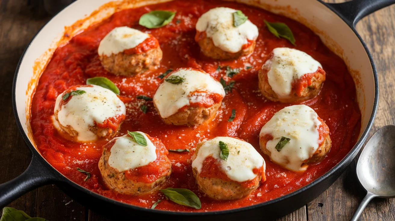 One-Pan Chicken Parmesan Meatballs in Rich Tomato Basil Sauce