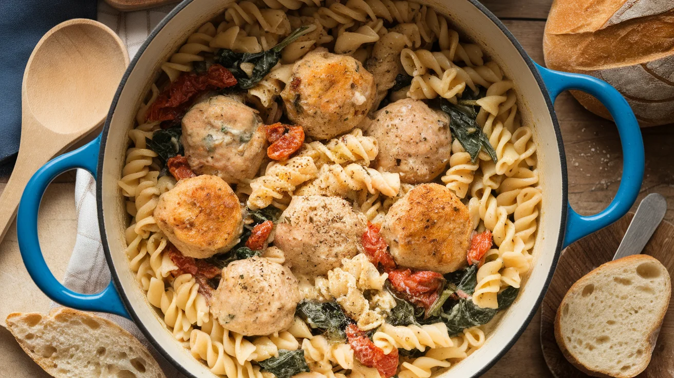 One-Pot Chicken Meatball Pasta with Spinach and Sun-Dried Tomatoes