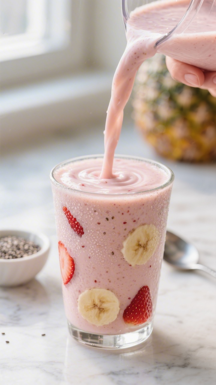 Close-up detail: A freshly blended creamy strawberry banana pineapple smoothie being poured in a slo