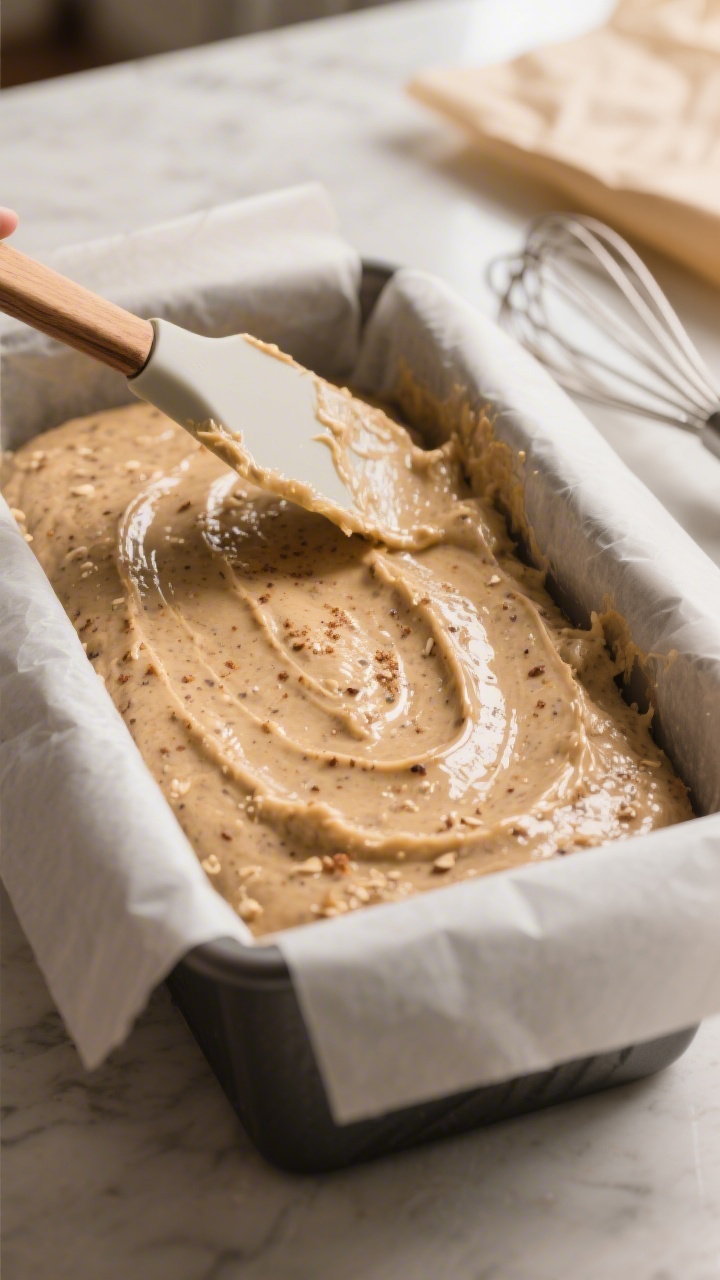 Close-up detail, cooking process: Thick vegan, gluten-free banana bread batter being smoothed in a p