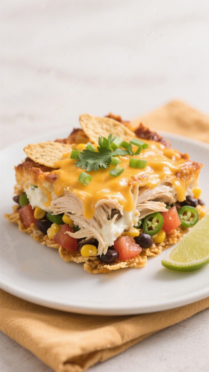 Close-up detail of a single square serving of the casserole on a matte white plate, showing tender s