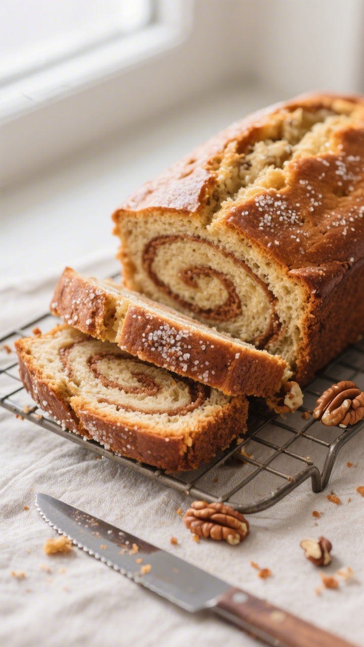Close-up detail shot: A just-sliced cinnamon swirl banana bread loaf on a cooling rack, slice tipped