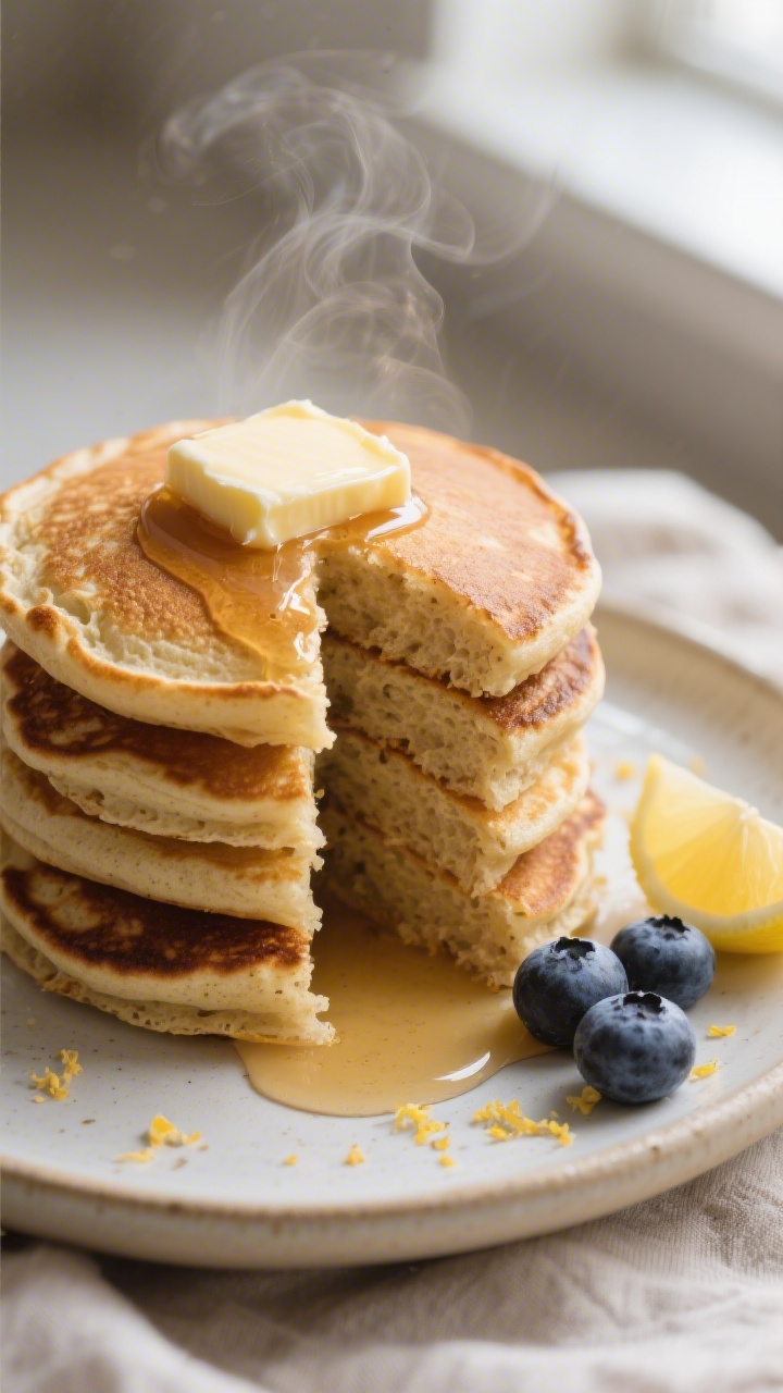 Close-up detail shot: A stack of fluffy, gluten-free pancakes just off the griddle, crisp lacy edges