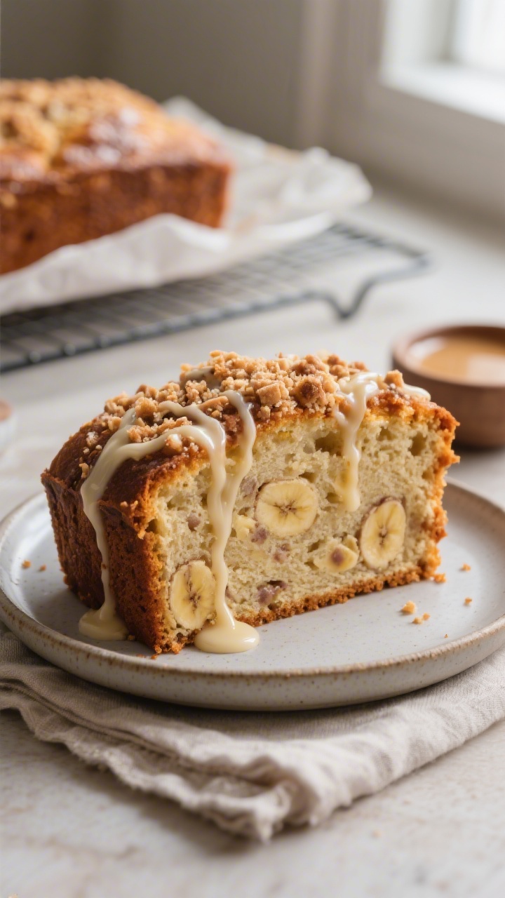Close-up detail shot: A thick, still-warm slice of Coffee Cake Banana Bread on a matte ceramic plate