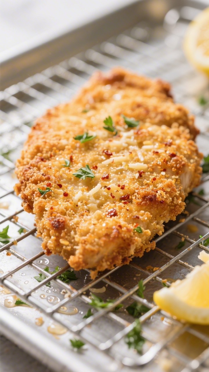 Close-up detail shot of a freshly baked crispy breaded chicken cutlet resting on a wire rack over a 