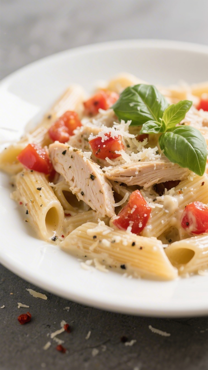 Close-up final plate of Crockpot Italian Chicken Pasta: tight macro detail on penne ridges coated in