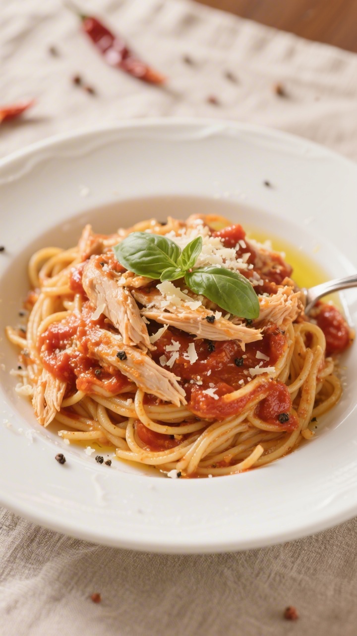 Close-up plated final dish: saucy shredded Italian chicken spooned over al dente spaghetti on a wide