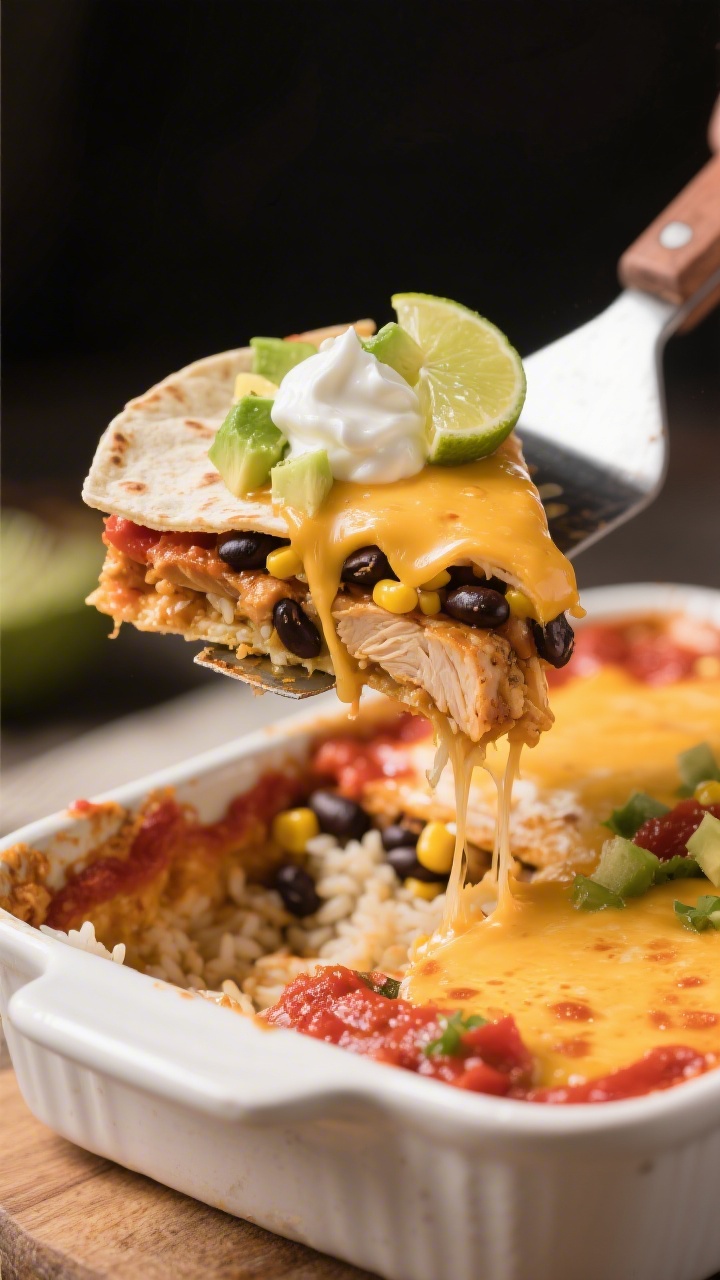 Close-up process detail of a clean slice being lifted from the resting casserole with a spatula, sho
