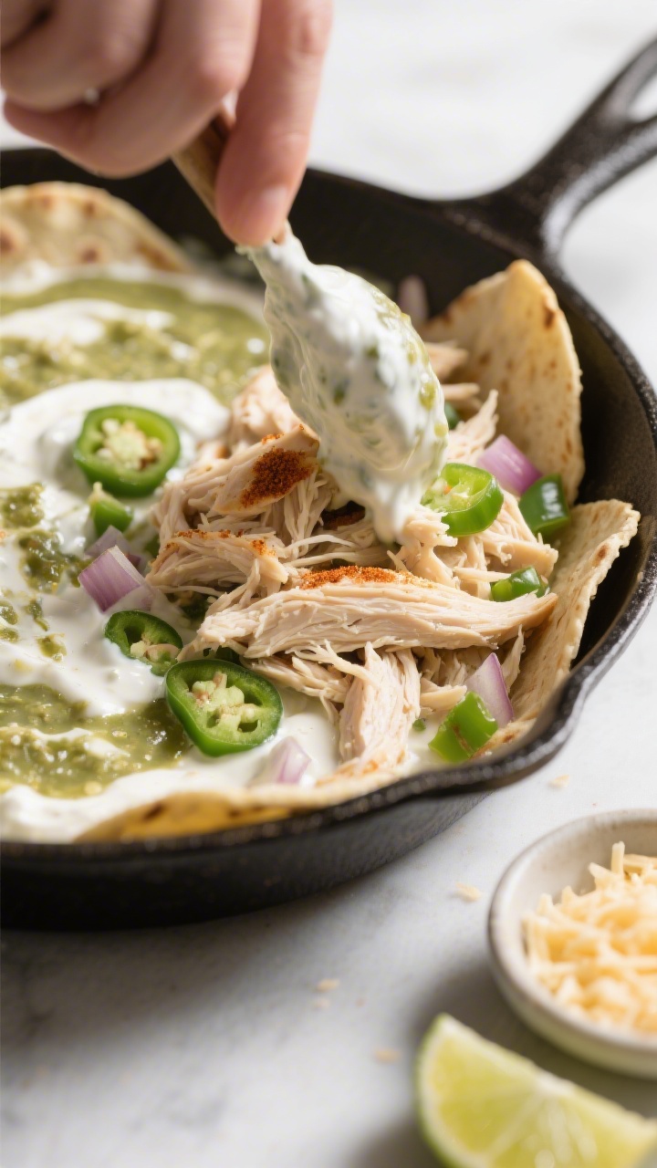 Close-up process shot of a creamy sauce being folded with shredded rotisserie chicken in the skillet