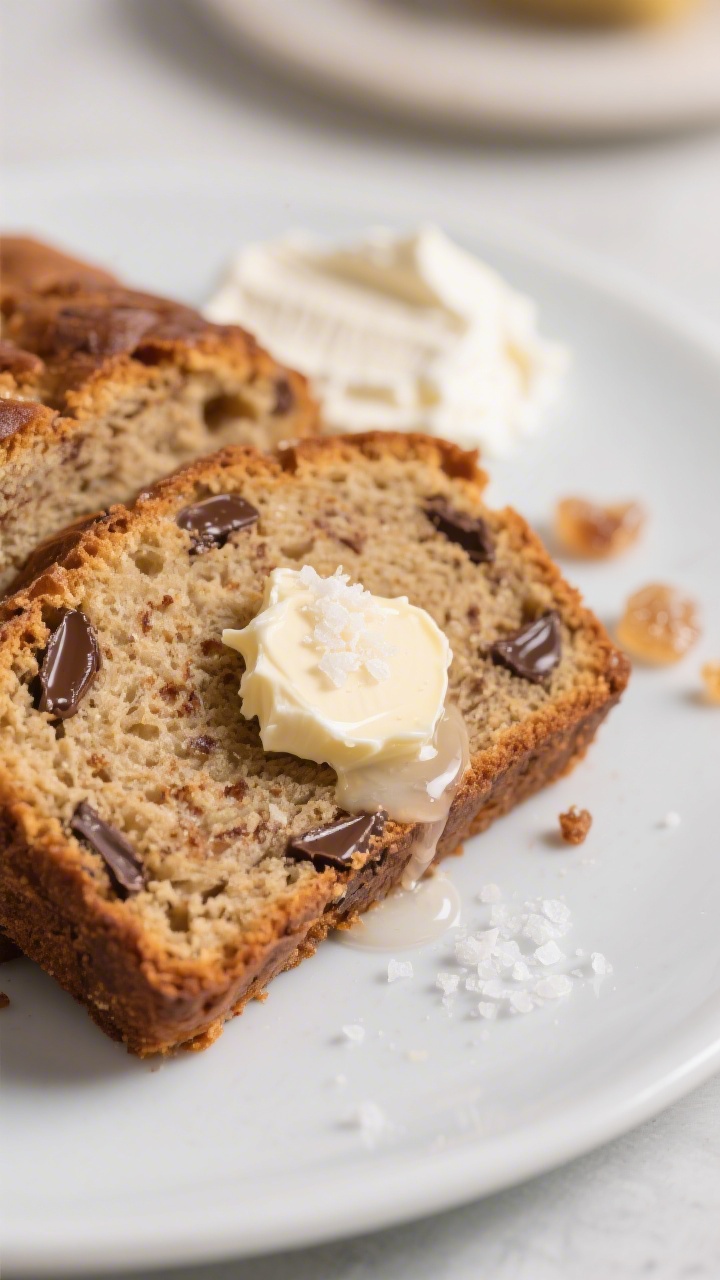 Close-up, three-quarter angle of a plated slice of banana bread with a pat of salted butter slowly m