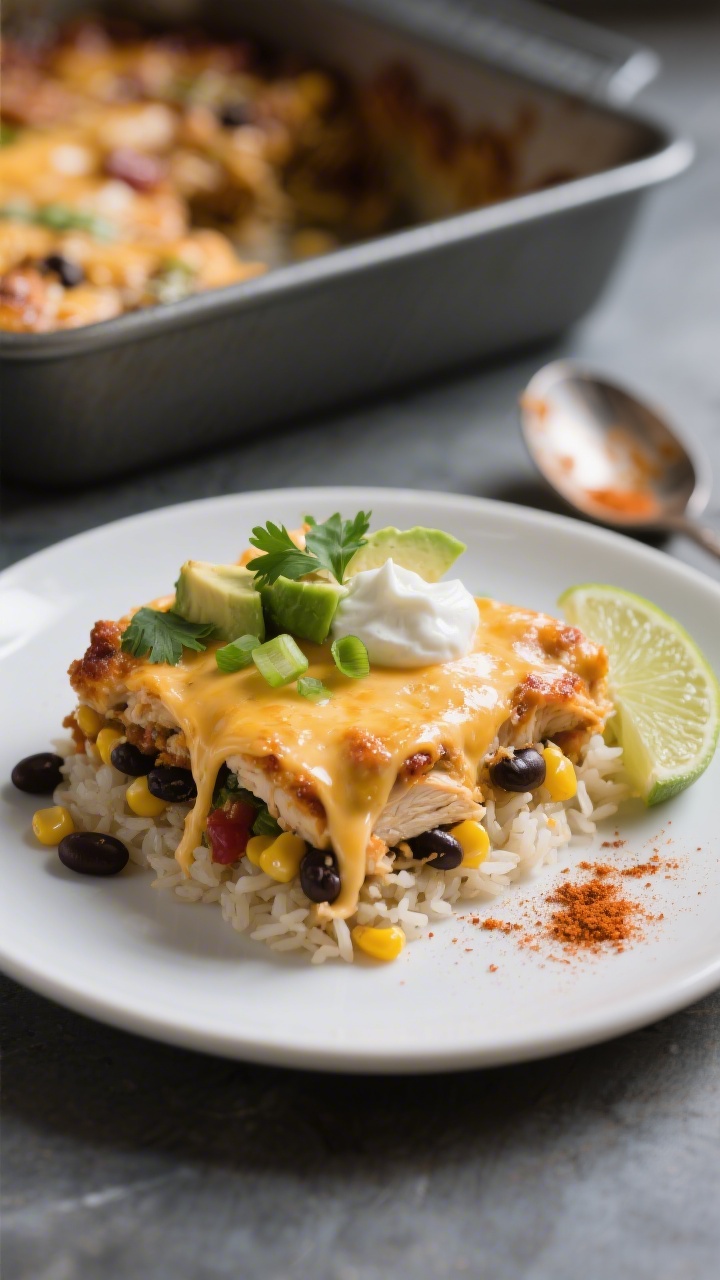 Close-up three-quarter angle of a plated square of Fiesta Chicken Casserole on a matte white plate, 