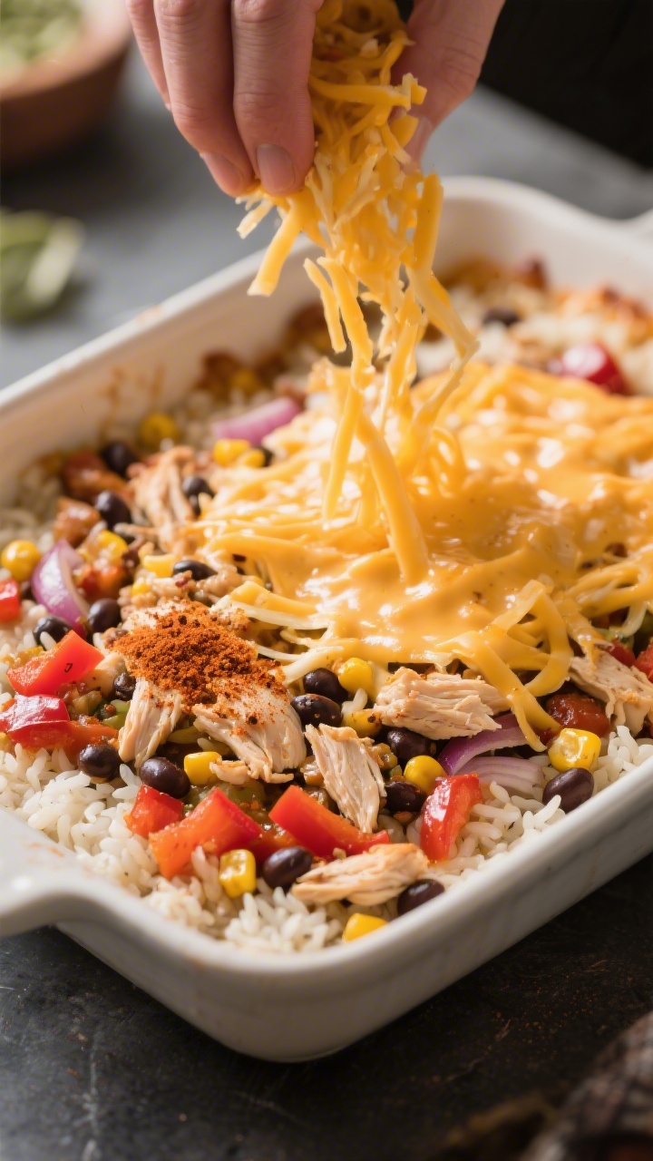 Close-up, three-quarter angle process shot of the casserole mid-assembly: a glossy layer of the rice