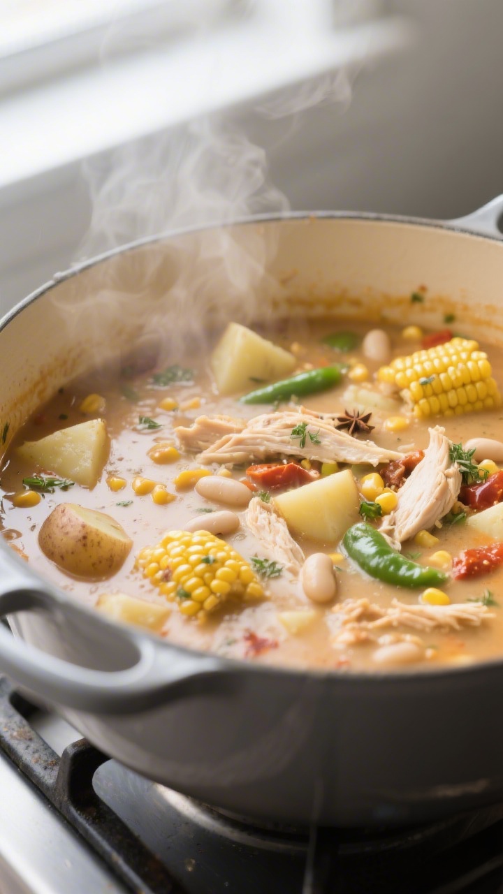 Cooking process close-up: A steaming pot of chicken chili corn chowder mid-simmer, showing tender di