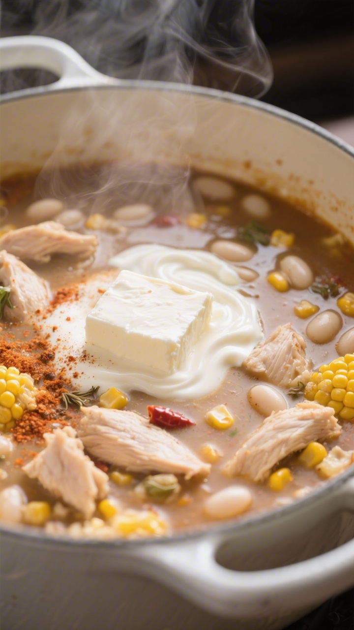Cooking process, close-up detail: A tight, steamy close-up of white chicken chili simmering in a Dut