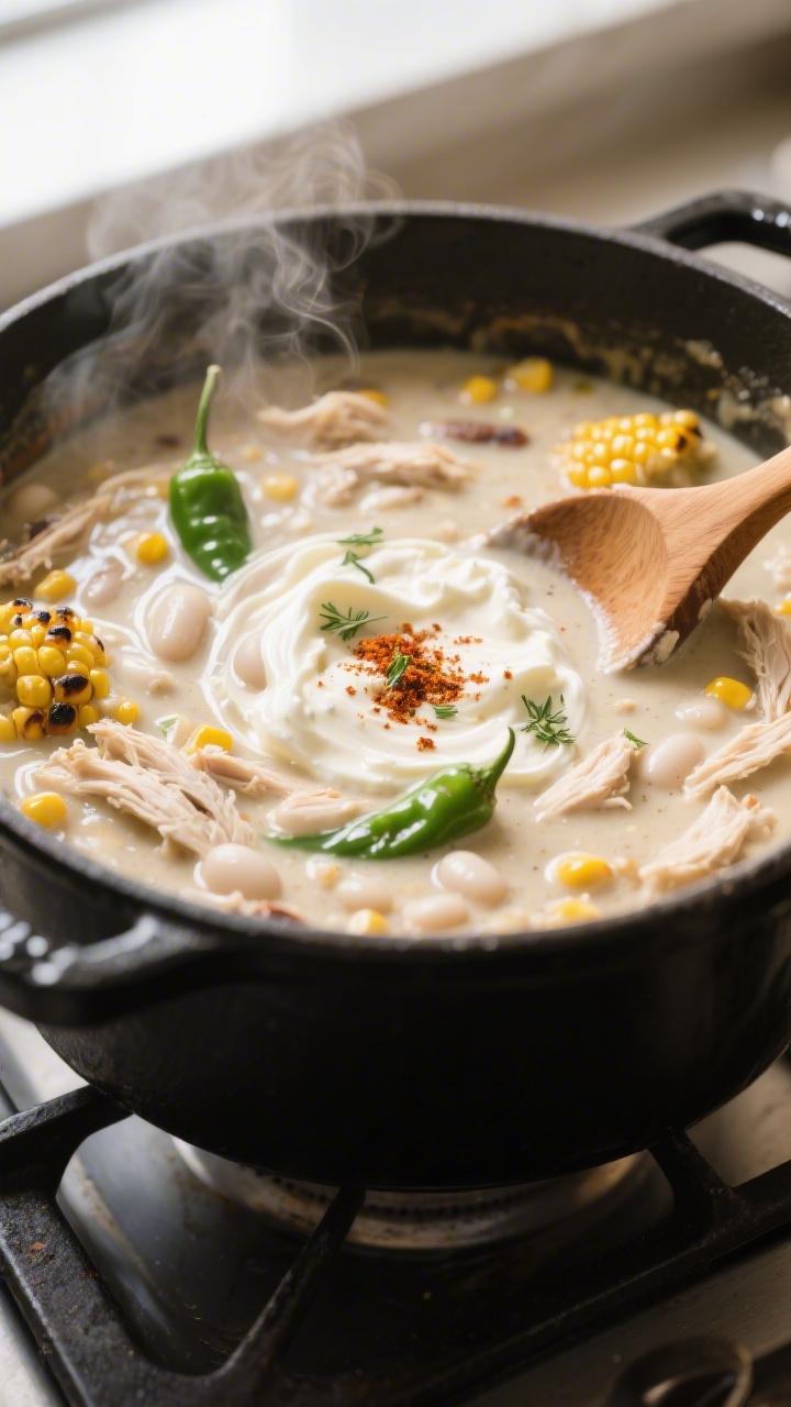 Cooking process, close-up detail: Close-up of creamy white chicken chili simmering in a matte black
