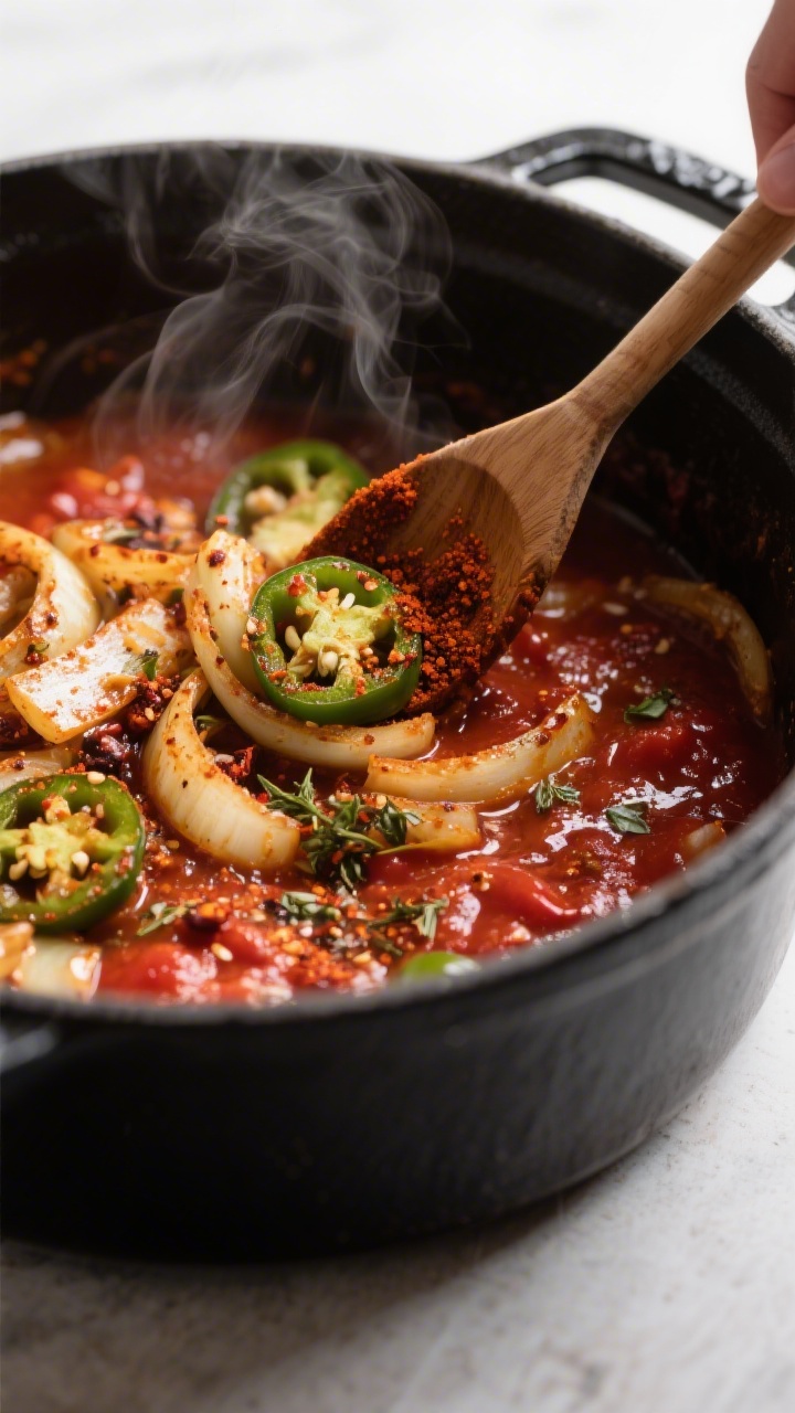 Cooking process close-up: In a matte black Dutch oven, sautéed onion and jalapeño coated in bloomi