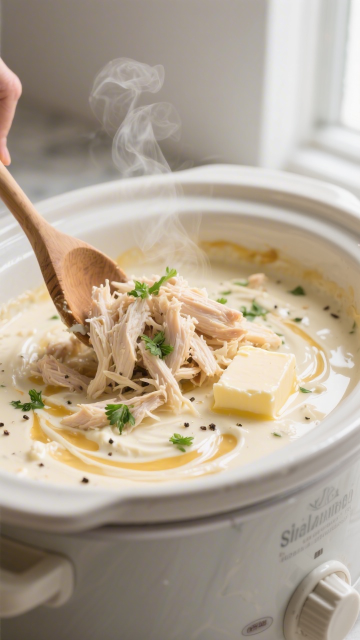 Cooking process close-up: Shredded slow-cooked chicken in a Crockpot being folded into a velvety cre