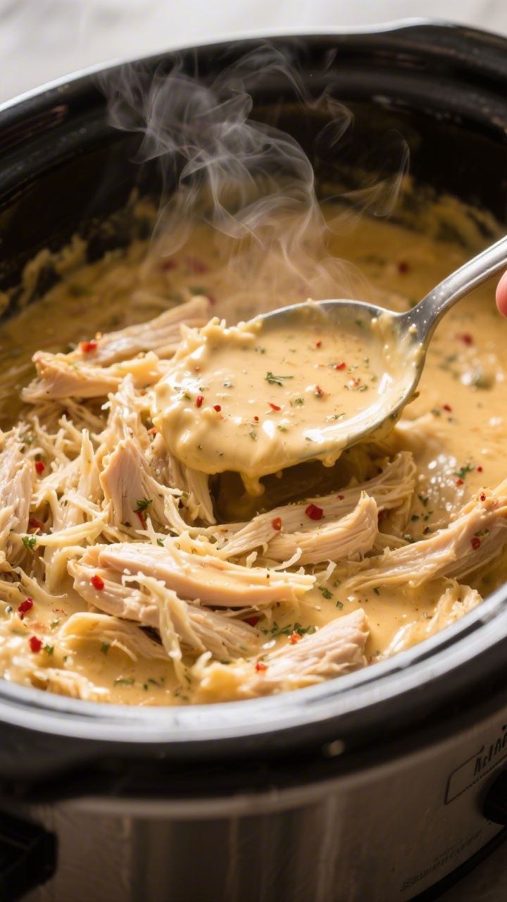 Cooking process close-up: Shredded slow-cooker chicken being folded into a glossy, creamy parmesan-I