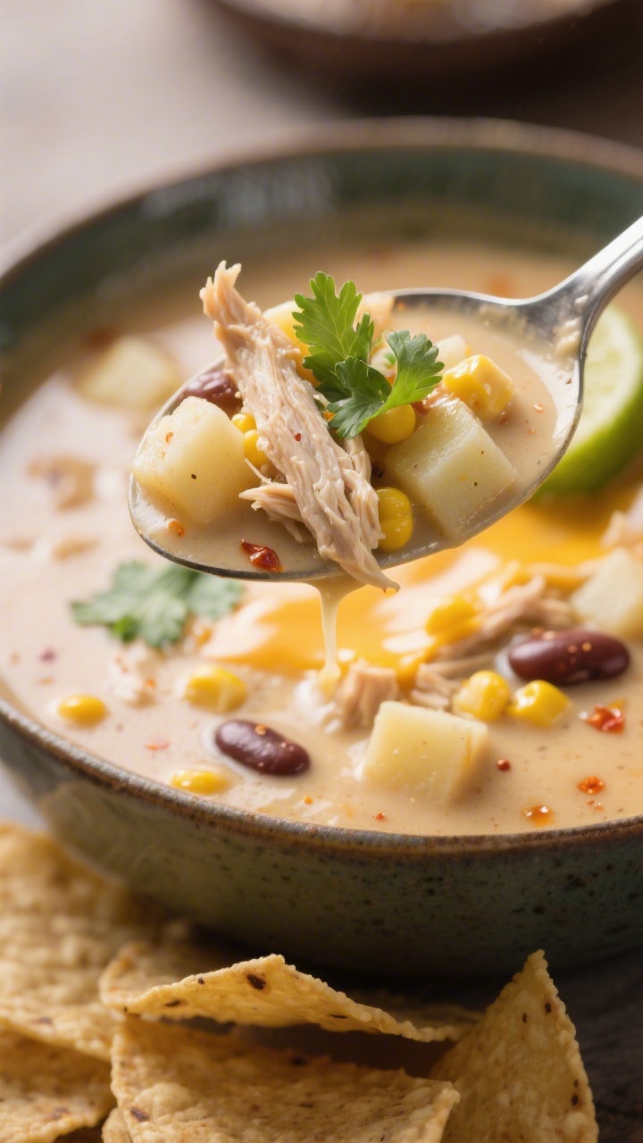 Final plated beauty shot (detail): Ultra close-up of a spoonful lifted just above the bowl, showcasi