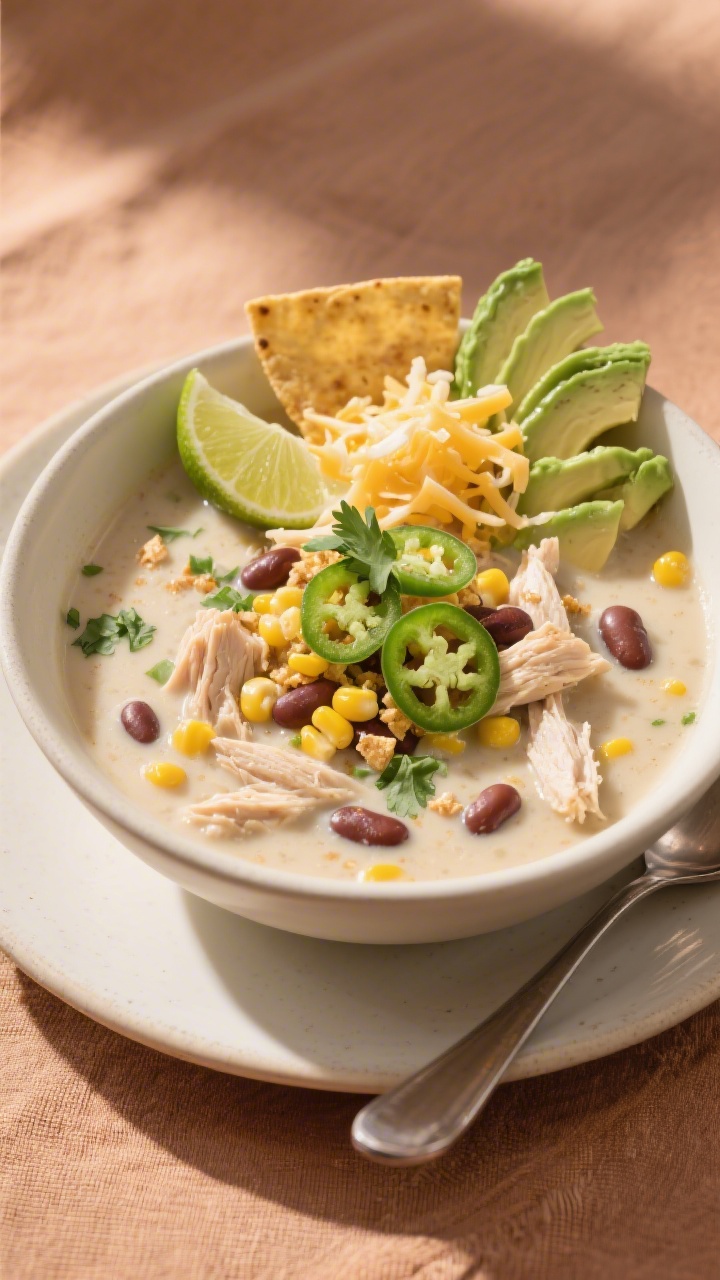 Final plated bowl, restaurant-quality: A beautifully plated bowl of creamy Mexican corn white chicke
