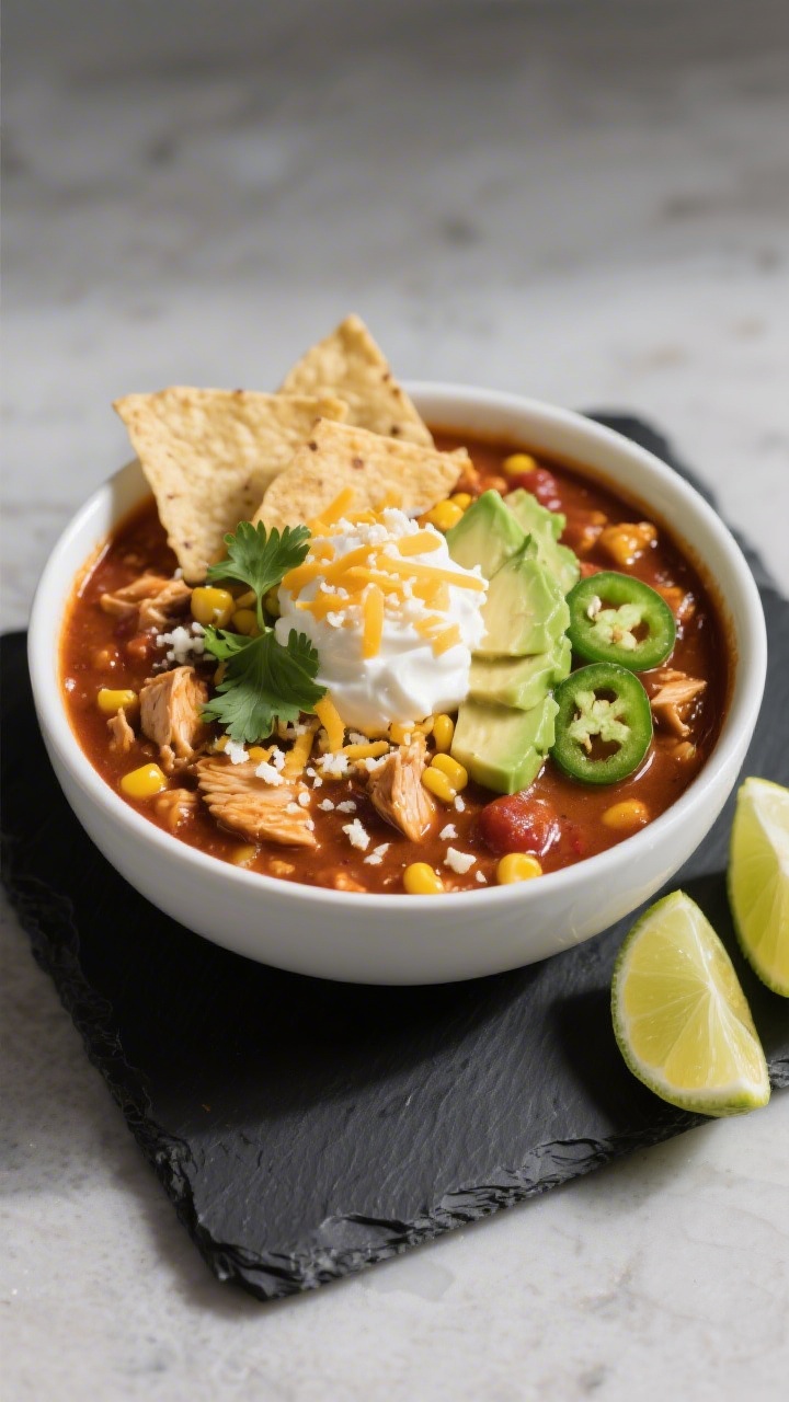 Final plated hero: Beautifully ladled bowl of Spicy Mexican Corn Chicken Chili, garnished with diced