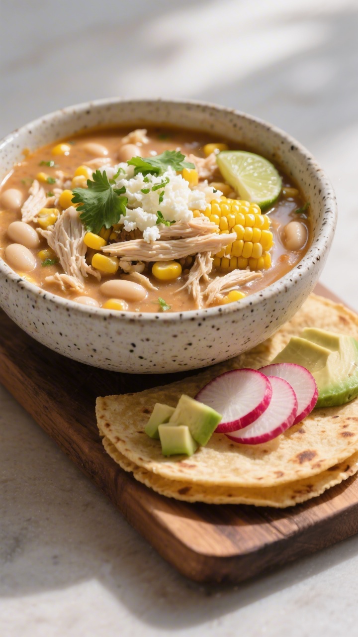 Final plated hero, : Beautifully plated bowl of Mexican Street Corn White Chicken Chili with a silky