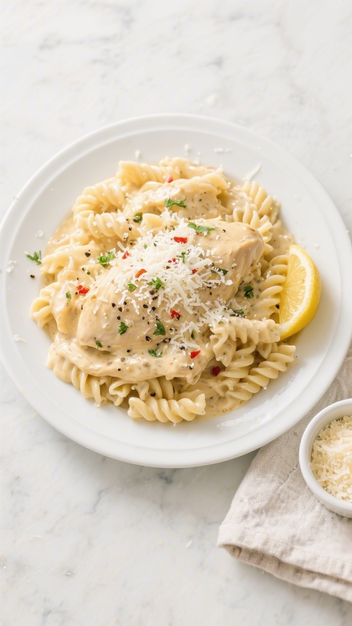Final plated overhead: Olive Garden–style creamy crockpot chicken pasta tossed with al dente rotin