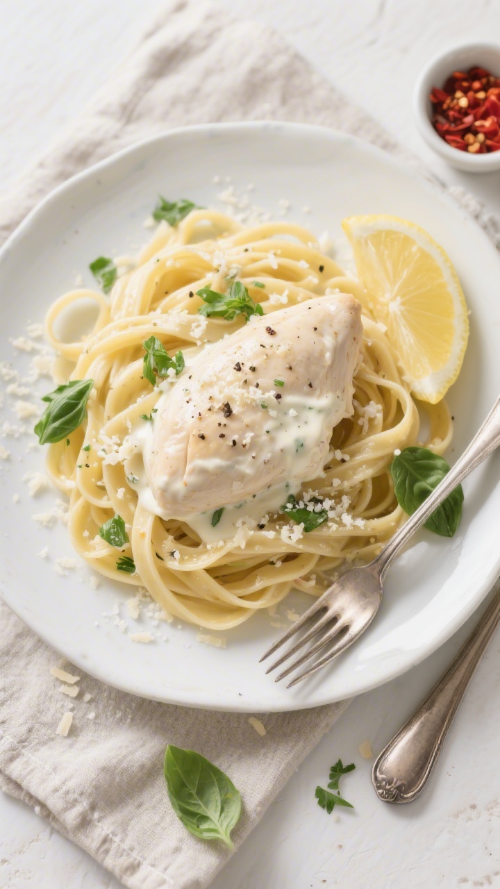 Final plated overhead: Overhead shot of creamy Italian cream cheese chicken spooned over al dente fe