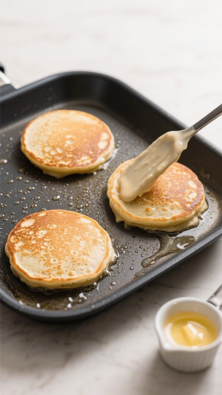 Overhead cooking process shot: Three 1/4-cup pancakes cooking on a nonstick griddle at medium heat,