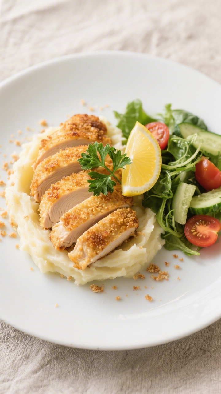 Overhead final-plated presentation of sliced oven-breaded chicken breast fanned over creamy mashed p