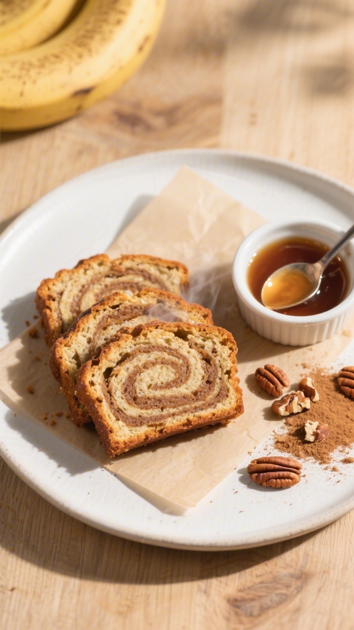 Overhead final presentation: Tasty top view of thick, warm slices of cinnamon swirl banana bread arr