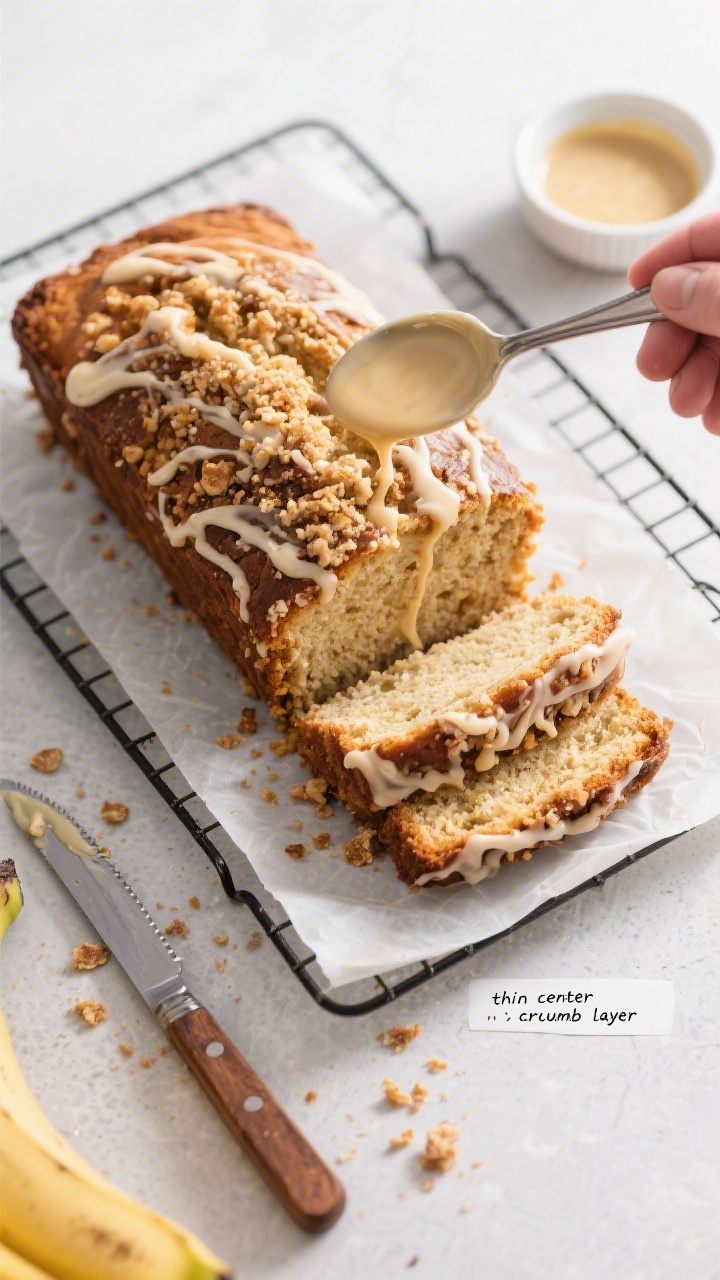 Overhead process shot: The fully baked Coffee Cake Banana Bread on a wire rack, parchment sling visi